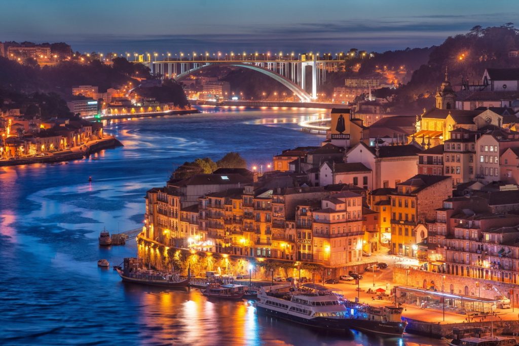 Aerial view of Douro River in Porto, Portugal.