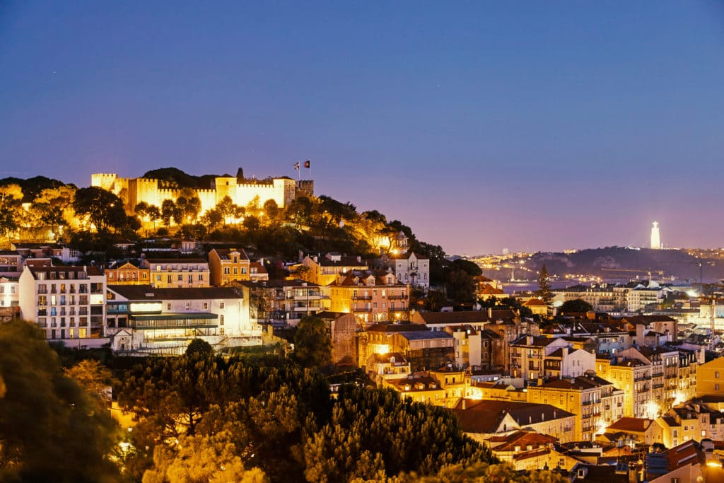 Aerial view of Lisbon at night.