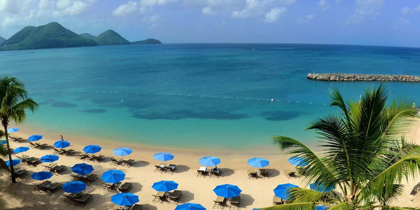 Aerial view of St Lucia coastline and its mountains 