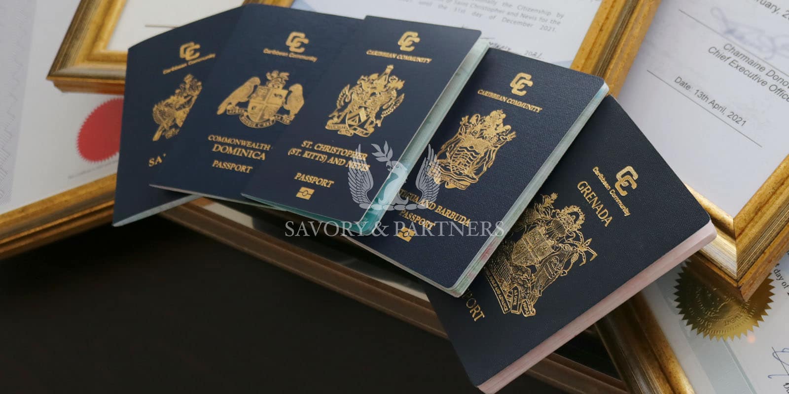 Caribbean passports at Savory & Partners office in Dubai.