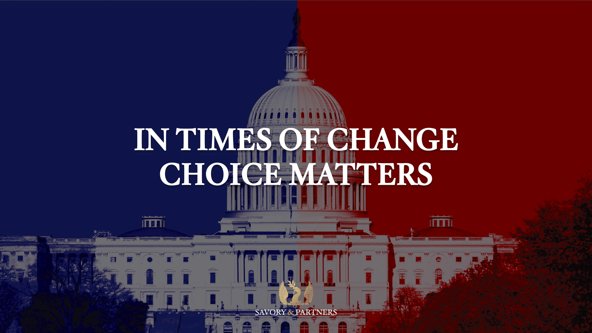 White House split into Republican red and Democrat blue, symbolizing U.S. political division, with the text 'In times of change, Choice Matters' emphasizing the importance of second citizenship and residency options for Americans in 2024